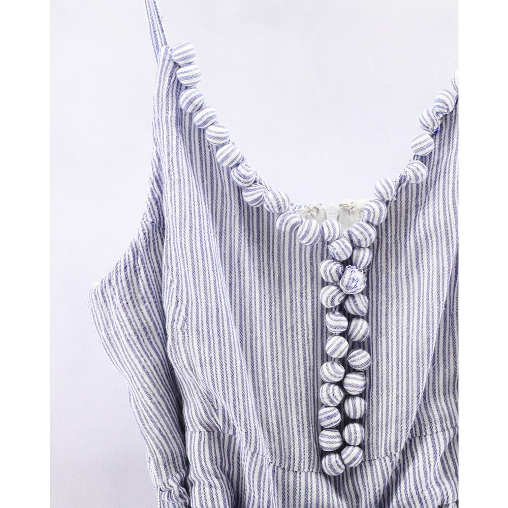 Anthropologie Maeve Jumpsuit Blue Maritime Pom Pom White Stripe Crinkled Sz 14 - Picture 5 of 12